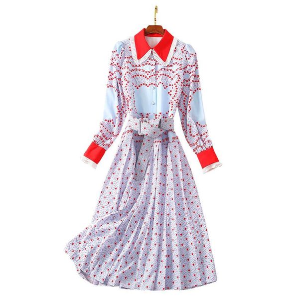 

casual dresses red hearts and dots print pleats turn-down collar long sleeved buckle belt buttons closure a line midi dress, Black;gray