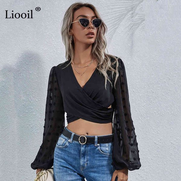 

shorts black short shirt women 2021 asymmetric hollow out mesh sheer long sleeve v neck ladies spring autumn and blouses, White;black