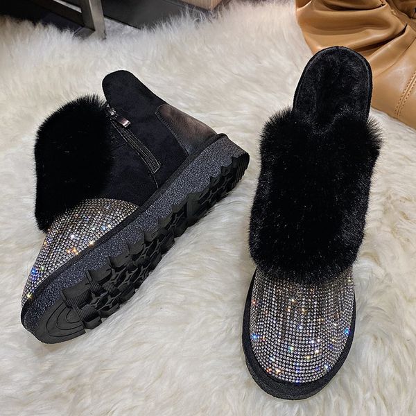 

womens winter shining crystal snow boots 2021 warm long plush ankle boots mujer round toe platform flat shoes woman, Black