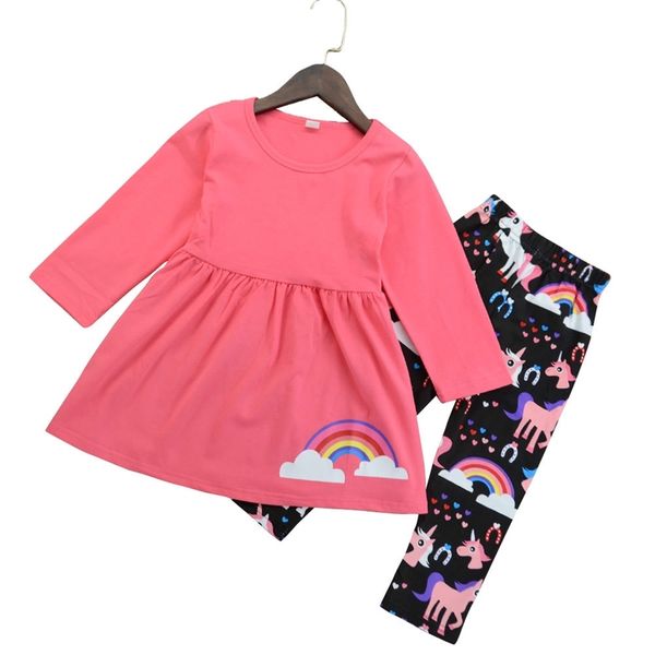 

ins children's set autumn girls rainbow long sleeve dress + cartoon printed pants set, Red;yellow