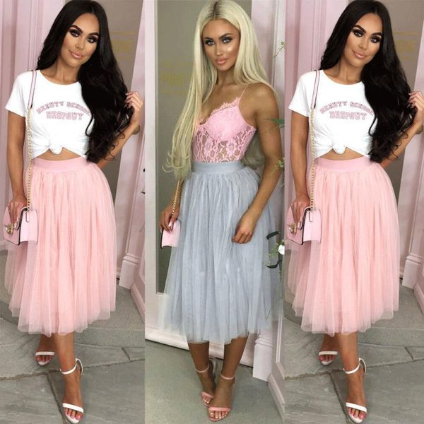 

tulle mesh lace elastic women skirt high waist layers pleated midi long, Black