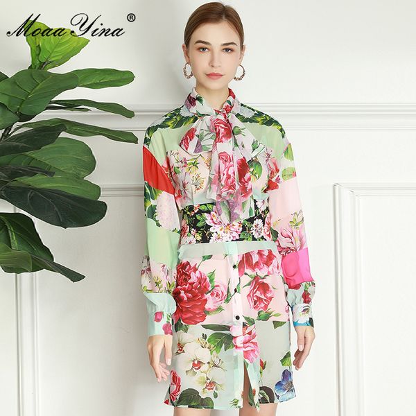 

summer runway elegant shirt style dress women's long sleeve sashes beading floral print chiffon 210524, Black;gray