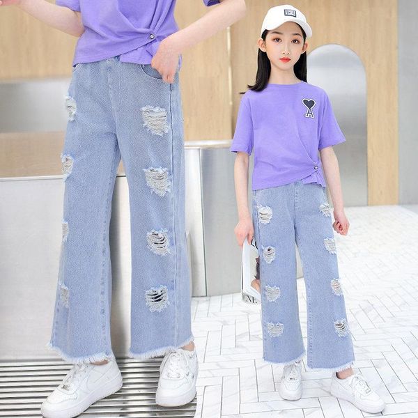 

teen girls fashion jeans solid color heart ripped korean style denim wide leg pants ankle length trousers 4-14y kid, Blue