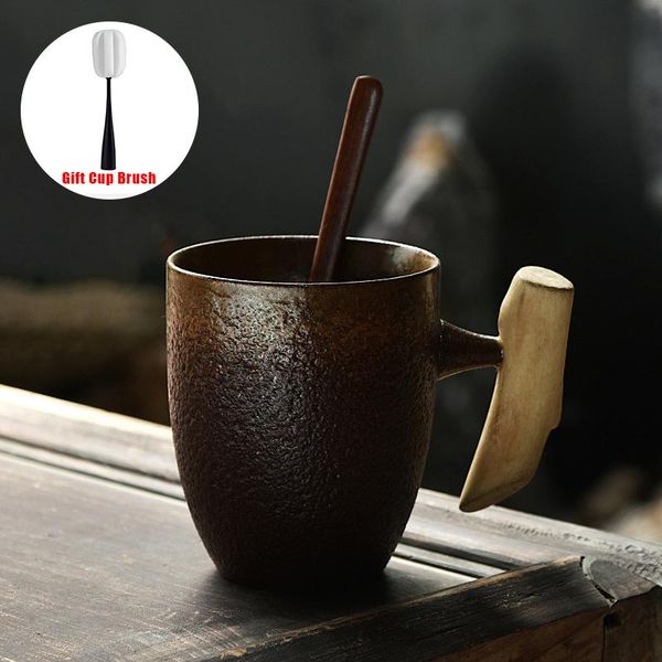 

300ml japanese style vintage ceramic coffee mug tumbler rust glaze tea milk beer water cup office drinkware with wooden handle mugs