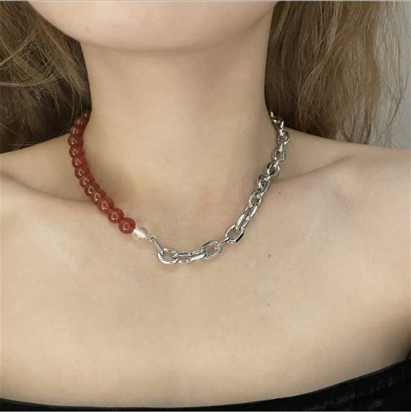 

chains splicing clavicle chain metal thick red tourmaline stone necklace, Silver
