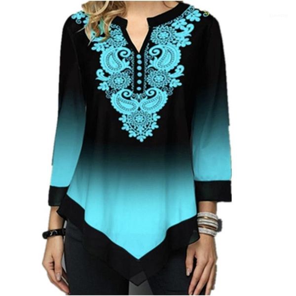 

women's blouses & shirts 5xl oversized women autumn casual v-neck button loose irregular shirt female gradient folk-custom print plus, White