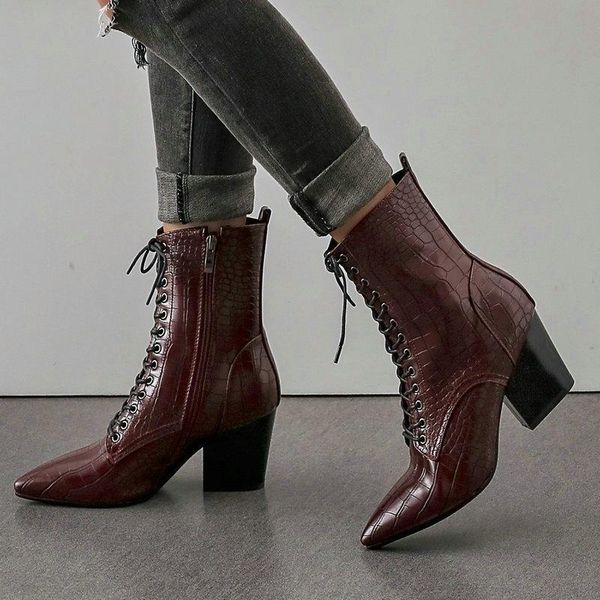

boots 2021 white black red women shoes fashion square heel pointed toe ladies ankle pu side zipper lace up casual