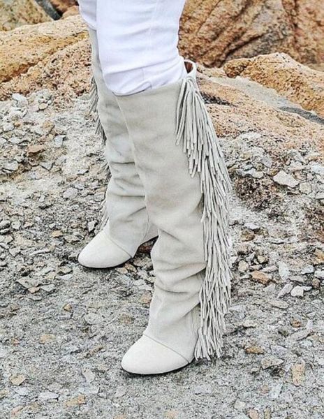 

boots ladies real suede leather tassel wedges high heels knee women pointed toe runway shoes fringed knight, Black