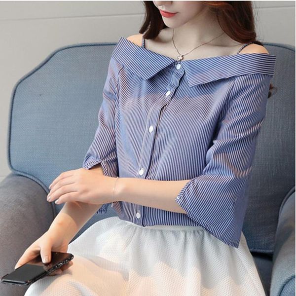 

women's blouses & shirts summer off shoulder blouse women striped slash neck female korean fashion rayas chemisier femme blusas, White