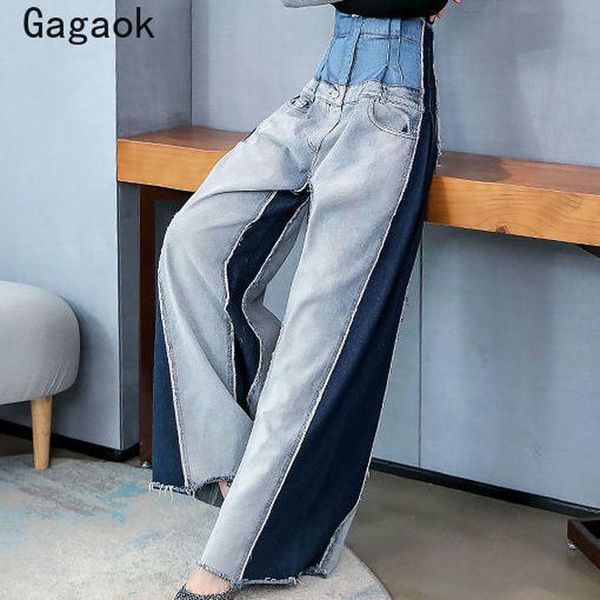 

gagaok women patchwork denim pant 2021 spring autumn streetwear loose high full length casual harajuku wild pants women's & capris, Black;white