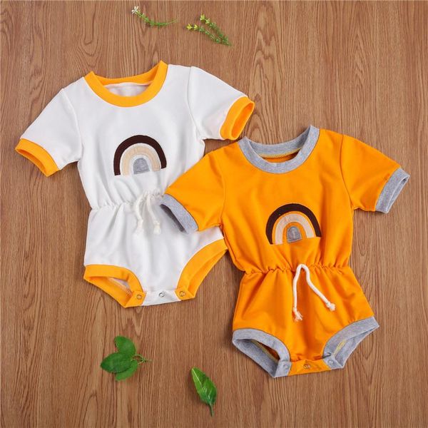 

2021 new baby summer clothing infant baby girls short sleeve jumpsuit boys playsuits embroidered rainbow pattern basic bodysuit, Blue