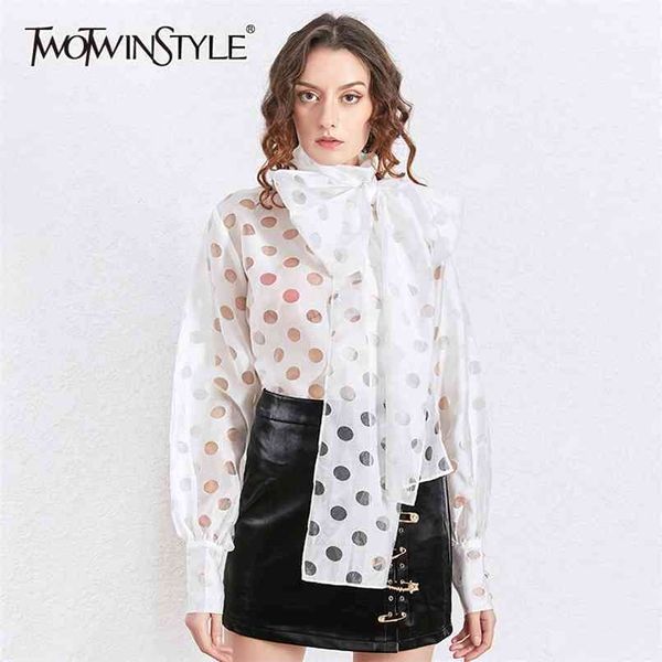 

patchwork perspective dot shirt for women bow collar long sleeve casual elegant blouse female fashion stylish 210524, White