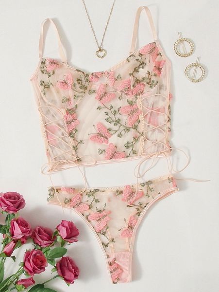 

plus embroidered mesh lace-up lingerie set f0yp#, Black;white