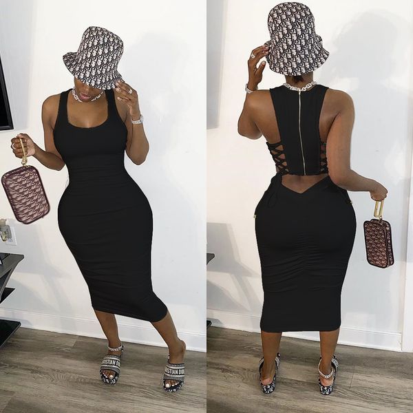 

20212021 women summer midi dress sleeveless back zipper bandage party night club casual fashion street dresses vestidos gl8696, Black;gray