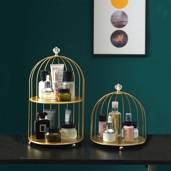 

hooks & rails bird cage shape storage rack wrought iron multi-layer shelf home deskcosmetic orgainer holder decoration golden