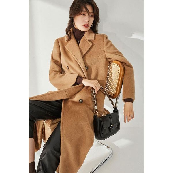 

women's wool & blends high-end winter coat women long camel casual straight black 100% hair 2021 double-breasted warm