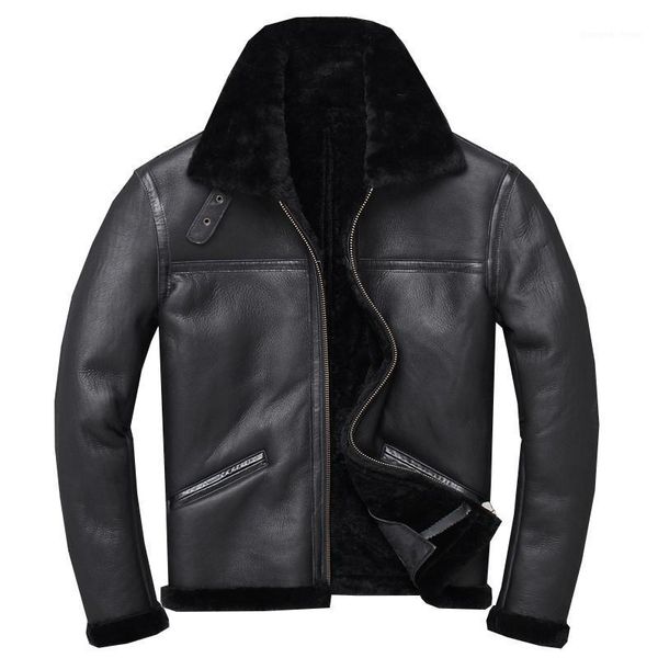 

men's leather & faux vintage brand genuine original shearling sheep wool jacket classic b3 winter warm fold-down collar coat, Black