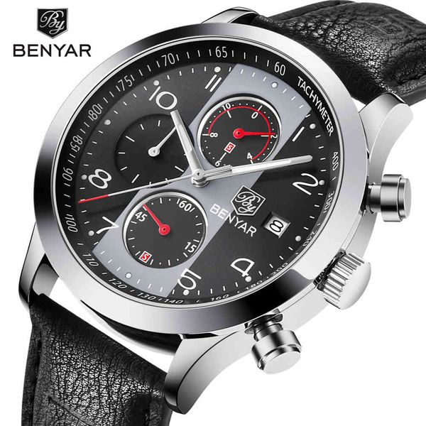 

benyar chronograph sport watches men waterproof brand retro leather quartz watch clock all dials work support dropshipping grey1, Slivery;brown