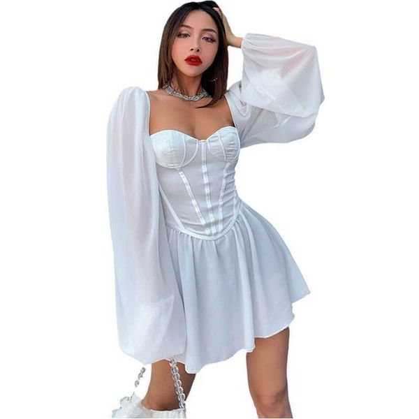 

getspring women dress fishbone high waist sext strapless lantern sleeve white es mesh spliced mini summer es 210601, Black;gray