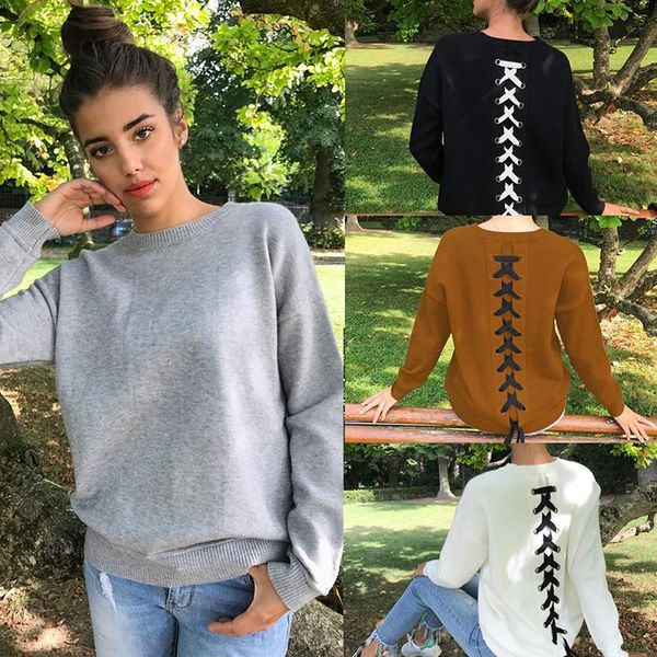 

women's hoodies & sweatshirts fashion designe women backless bandage long sleeve o neck casual loose sweatshirt s-xl, Black