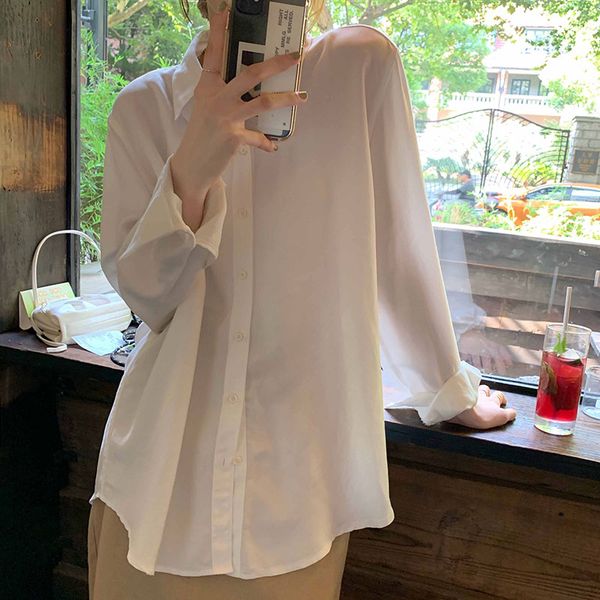 

2 colors soild color shirt casual korean style long sleeve thin blouses womens and blouse 2021 outwear coats (x1568), White