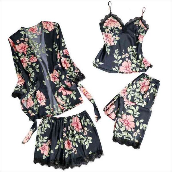 

four piece silk womens sleepwears print nightgown rimless pajamas lace nightdress underwear sleepwear costumes exotic apparel nightwear, Black;red