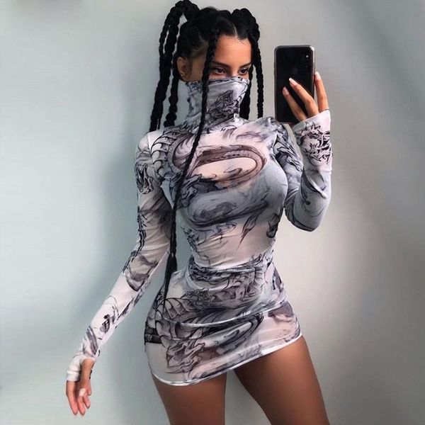 

casual dresses women turtleneck dress mesh material print slim skinny autumn long sleeve female fashion outfits, Black;gray