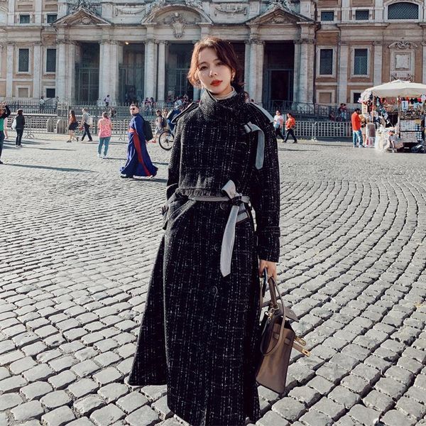 

women's wool & blends autumn winter plaid tweed woolen coat jackets women lace-up belt elegant korean ladies fashion female long vintag, Black