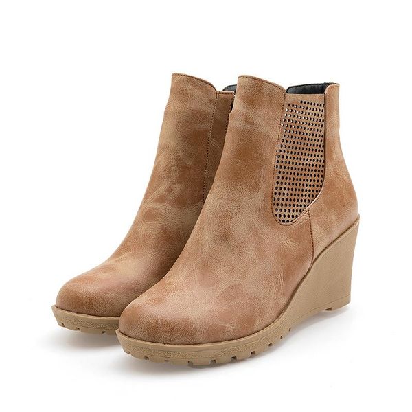 

boots autumn winter high heels women ankle pu leather wedges platform ladies shoes hollow out punk female botines mujer, Black
