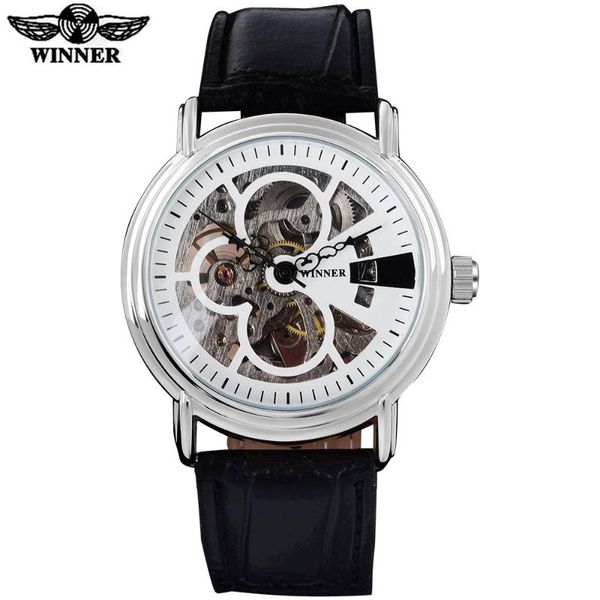 

men watch fashion and casual skeleton design auto self-wind leather strap classic wrist watches relogio masculino wristwatches, Slivery;brown