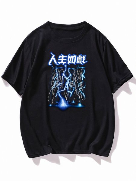 

men chinese letter and lightning print tee 46ci#, White;black
