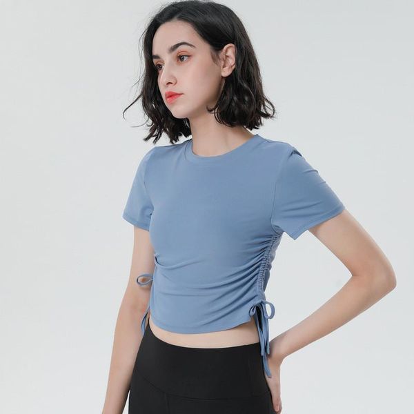 

yoga outfit summer women gym drawstring sport shirts quick dry running t-shirt short sleeve fitness workout crop tight sportswear