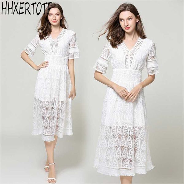 

summer runway white lace hollow dres v-neck vestidos 210531, Black;gray