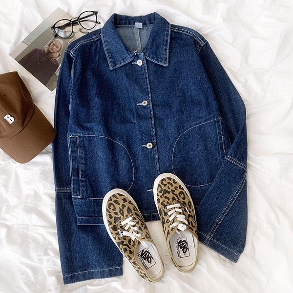 

women's jackets blue cargo denim women jeans jacket bright line large pocket lapel button loose thin long sleeve coat harajuku chaqueta, Black;brown