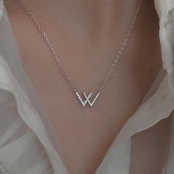 

korean style w letter necklaces for women zircon crystal choker necklace collar chain vintage jewelry bijoux chokers, Golden;silver