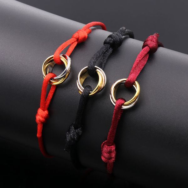 

fashion love charm bracelets red string handcrafted macrame rope bangles cube micro three circle zircon love bracelet woman man jewelry, Golden;silver