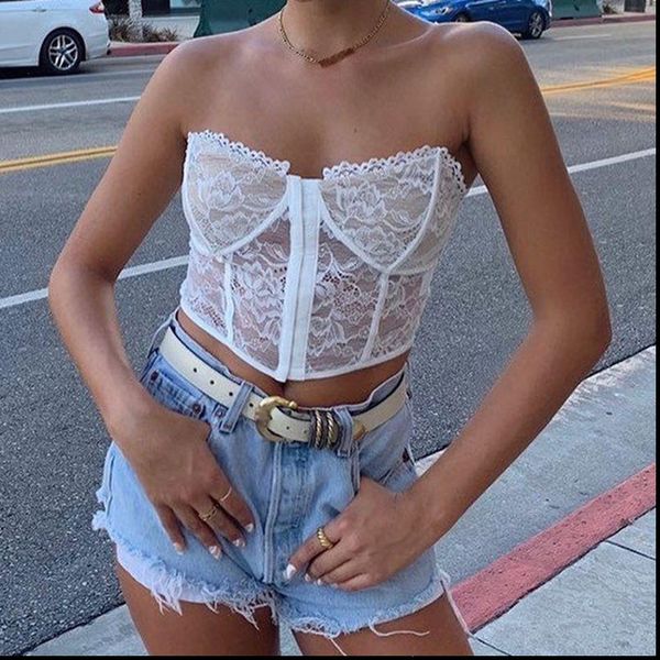 

strapless women tanks bralette breasted lace corset cami crop for sleeveless club party sheer cupped backless tank top, White