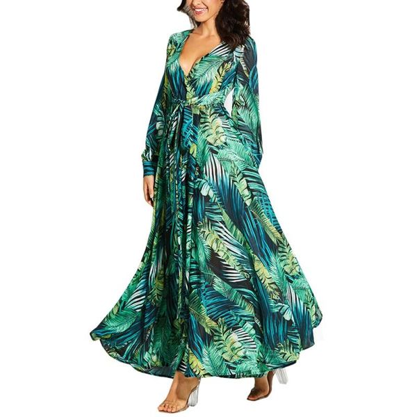

casual dresses summer green bohemian beach vintage maxi leaf print lantern long sleeve dress v neck belt lace up plus size, Black;gray