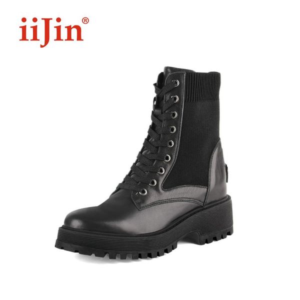 

boots 2021 spring autumn cow leather genuine invisible platform heighten women's shoes vrouwen laarzen frauen schuhe, Black