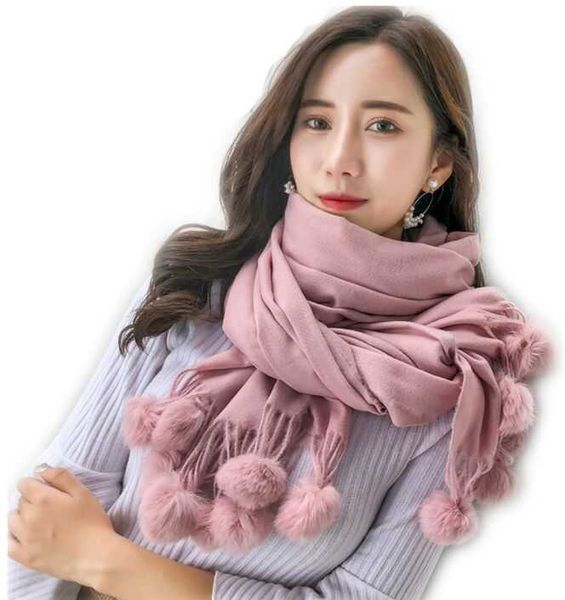 YIMEI001 200 * 70 cm New Winter Lady Sciarpa di cashmere spessa Sciarpe Pelliccia di coniglio Pom Scialle Wrap Pashmina Donna Nappa di lana Hijab Q0828