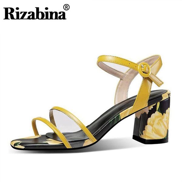 

summer real leather sandals women fashion print buckle square heels shoes daily club brand footwear size 33-42, Black