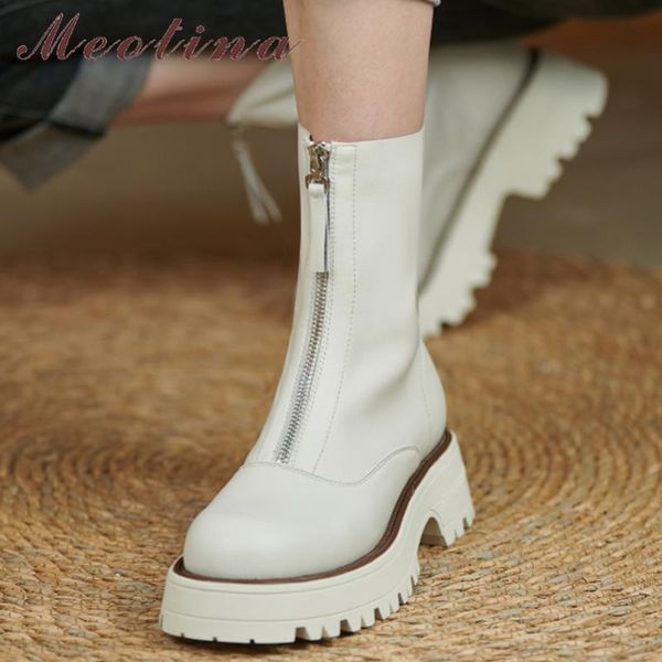 

boots meotina genuine leather ankle shoes women round toe zipper platform flat with ladies short 2021 autumn beige, Black