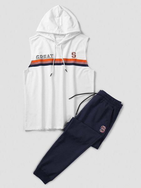 

men letter embroidery & block striped drawstring hooded tank with sweatpants h4wv#, Gray