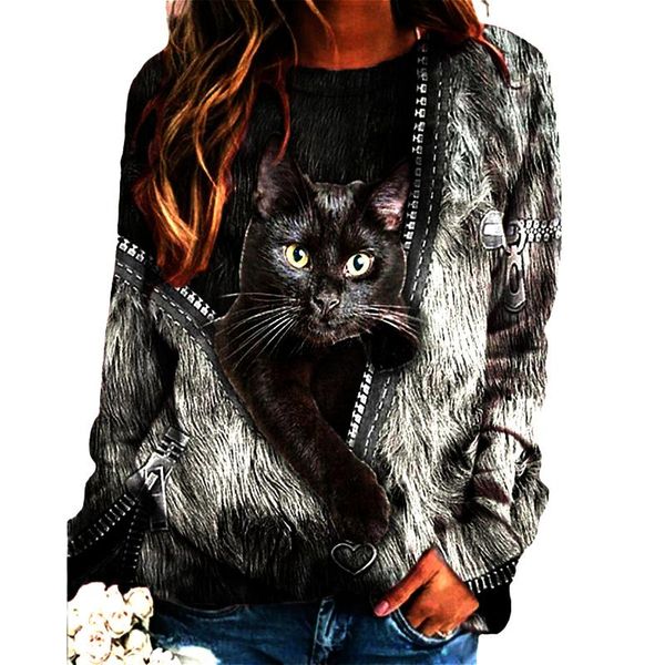 

women's t-shirt 2021 fashion women o neck long sleeve zipper cats print loose blouse base daily shirts, White