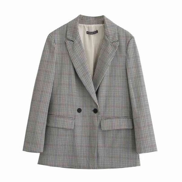 

women plaid blazer fashion double breasted loose oversized coat vintage long sleeve pockets female outerwear chic 210520, White;black