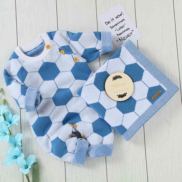 Baby Boys Football Jacquard Pagliaccetto Abbigliamento + Bambini Coperta Infant Boy Cotton Kids Knit Manica lunga 210429