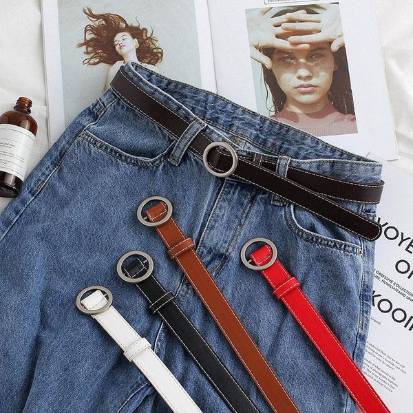 

round buckle woman belt simple circle pin belts for women girls jeans pants strap waistband, Black;brown