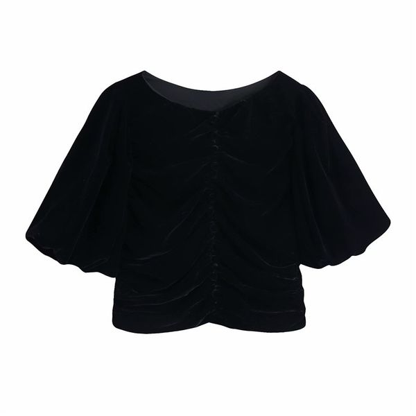

women's polos women sprint casual single breasted za velvet short blouse female fashion o-neck puff sleeve pleated black chic, White