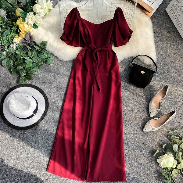 

women's jumpsuits & rompers slash neck solid color flare sleeves with pockets waist slimming temperament wide leg jumpsuit trousers fas, Black;white