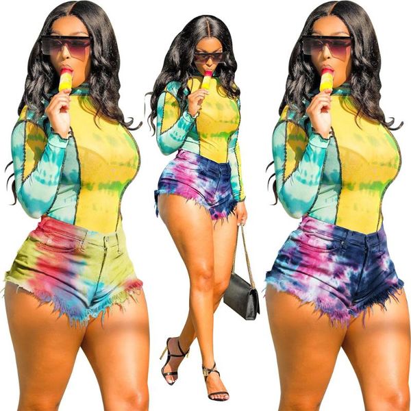 

women's jeans donsignet fashion summer -selling casual fringed brushed tie-dye imitation denim shorts high button, Blue